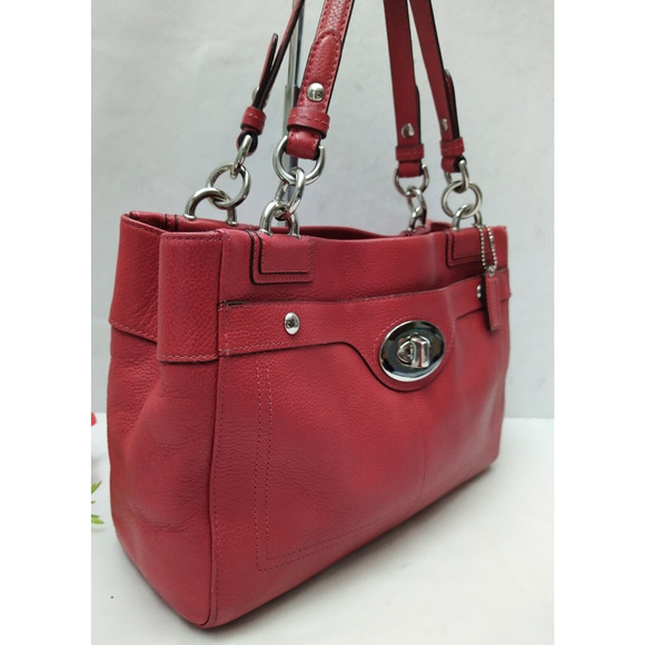 Coach Red Pebbled Leather Turn Lock Double Handles Satchel Shoulder Bag - Picture 13 of 16